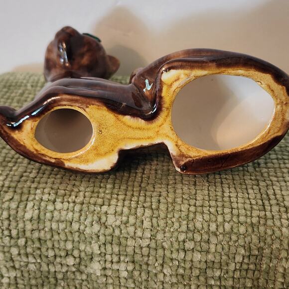 Vintage Mid Century Ceramic Siamese Cat Figurine Green Eyes Brown Glaze 6" - Picture 8 of 9